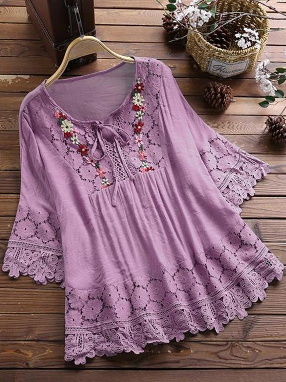 Blouses Loose Belted Lace 3/4 Sleeves Blouse - LuckyFash™