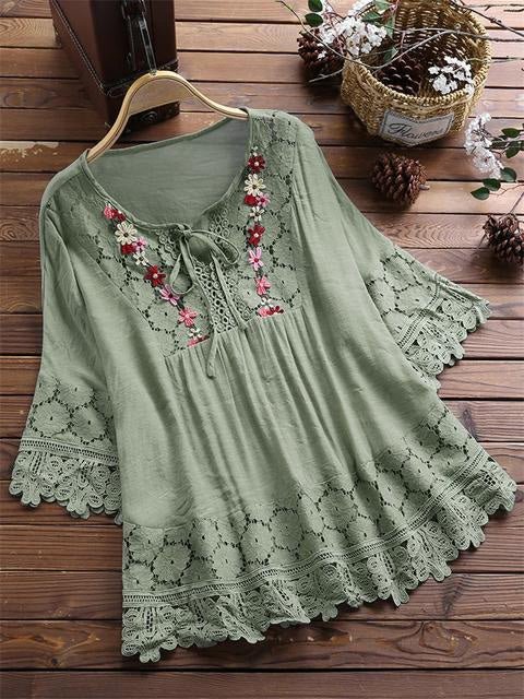 Blouses Loose Belted Lace 3/4 Sleeves Blouse - LuckyFash™