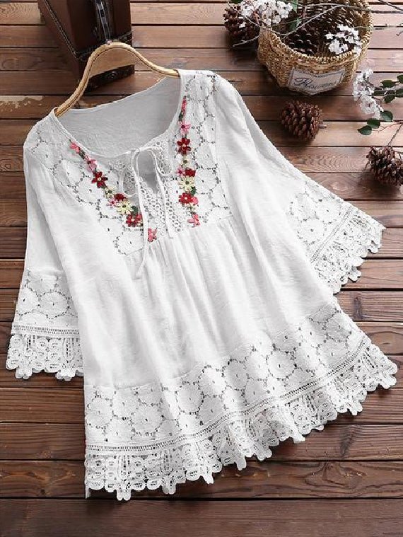 Blouses Loose Belted Lace 3/4 Sleeves Blouse - LuckyFash™