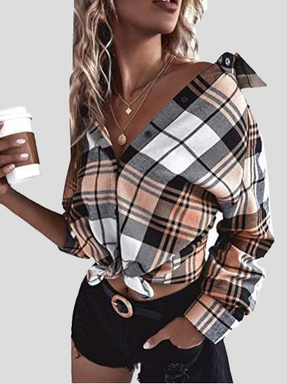 Women's Blouses Loose Button Long Sleeve Plaid Blouse - LuckyFash™