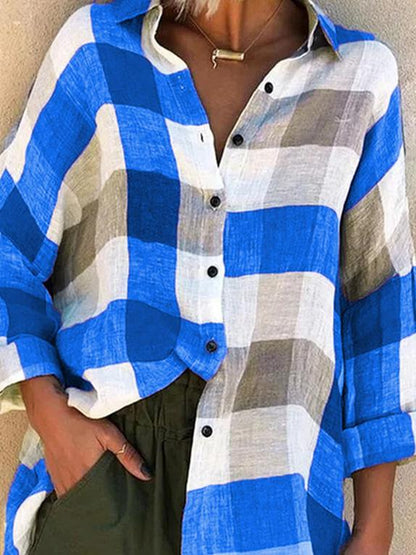 Women's Blouses Loose Check Print Button Long Sleeve Blouses - LuckyFash™