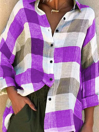 Women's Blouses Loose Check Print Button Long Sleeve Blouses - LuckyFash™