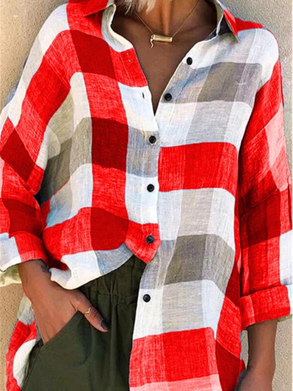 Women's Blouses Loose Check Print Button Long Sleeve Blouses - LuckyFash™