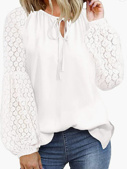 Blouses Loose Crew Neck Tie Lace Long Sleeve Blouse - LuckyFash™