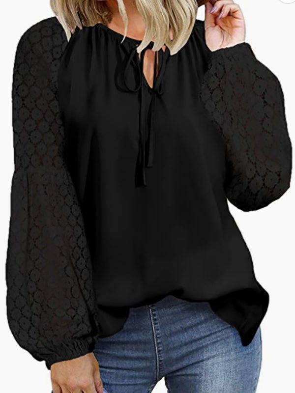 Blouses Loose Crew Neck Tie Lace Long Sleeve Blouse - LuckyFash™