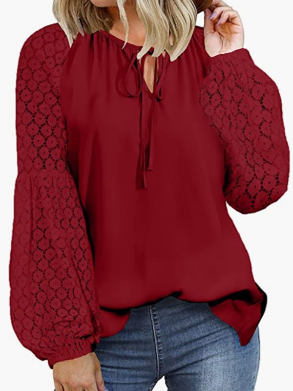 Blouses Loose Crew Neck Tie Lace Long Sleeve Blouse - LuckyFash™