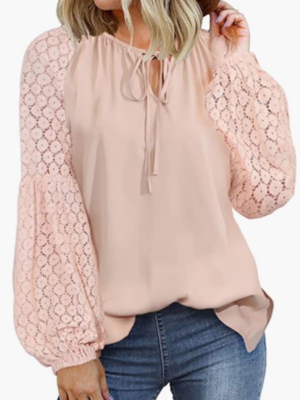 Blouses Loose Crew Neck Tie Lace Long Sleeve Blouse - LuckyFash™