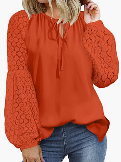 Blouses Loose Crew Neck Tie Lace Long Sleeve Blouse - LuckyFash™