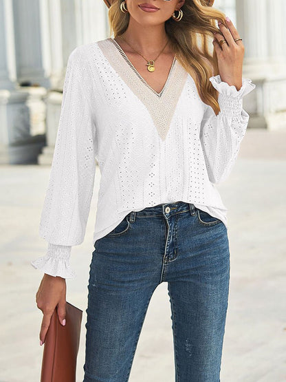 Blouses Loose Cut Out Lace Panel V-Neck Lace  Blouse - LuckyFash™