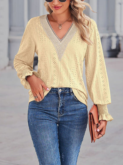 Blouses Loose Cut Out Lace Panel V-Neck Lace  Blouse - LuckyFash™