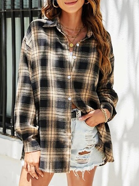 Women's Blouses Loose Lapel Long Sleeve Plaid Blouse - LuckyFash™