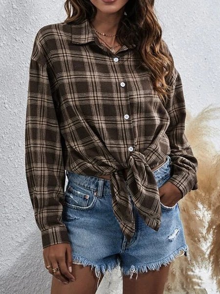 Women's Blouses Loose Lapel Long Sleeve Plaid Blouse - LuckyFash™