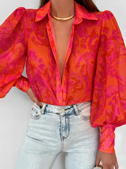 Women's Blouses Loose Print Button Balloon Sleeve Blouse - LuckyFash™