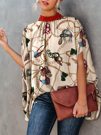 Women's Blouses Loose Print Crew Neck Doll Sleeve Blouse - LuckyFash™