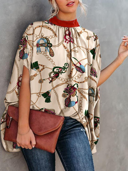 Women's Blouses Loose Print Crew Neck Doll Sleeve Blouse - LuckyFash™