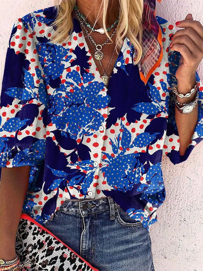 Women's Blouses Loose Print Lapel Long Sleeve Blouse - LuckyFash™