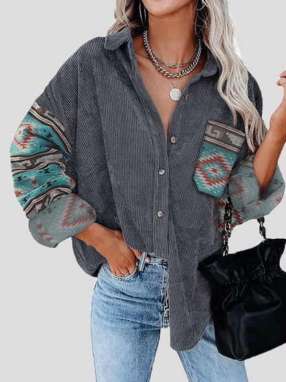 Women's Blouses Loose Print Stitching Lapel Long Sleeve Blouse - LuckyFash™