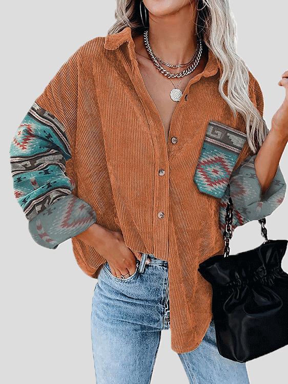 Women's Blouses Loose Print Stitching Lapel Long Sleeve Blouse - LuckyFash™