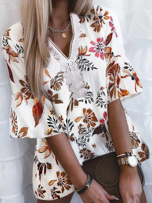 Women's Blouses Loose Print V-Neck Lace Blouse - LuckyFash™