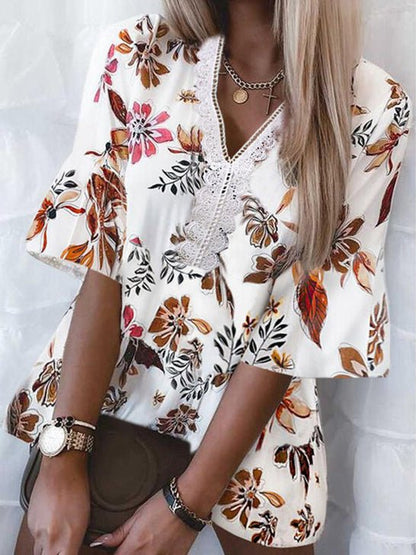 Women's Blouses Loose Print V-Neck Lace Blouse - LuckyFash™