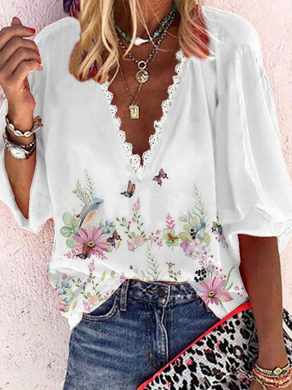 Women's Blouses Loose Print V-Neck Lace Mid Sleeve Blouse - LuckyFash™