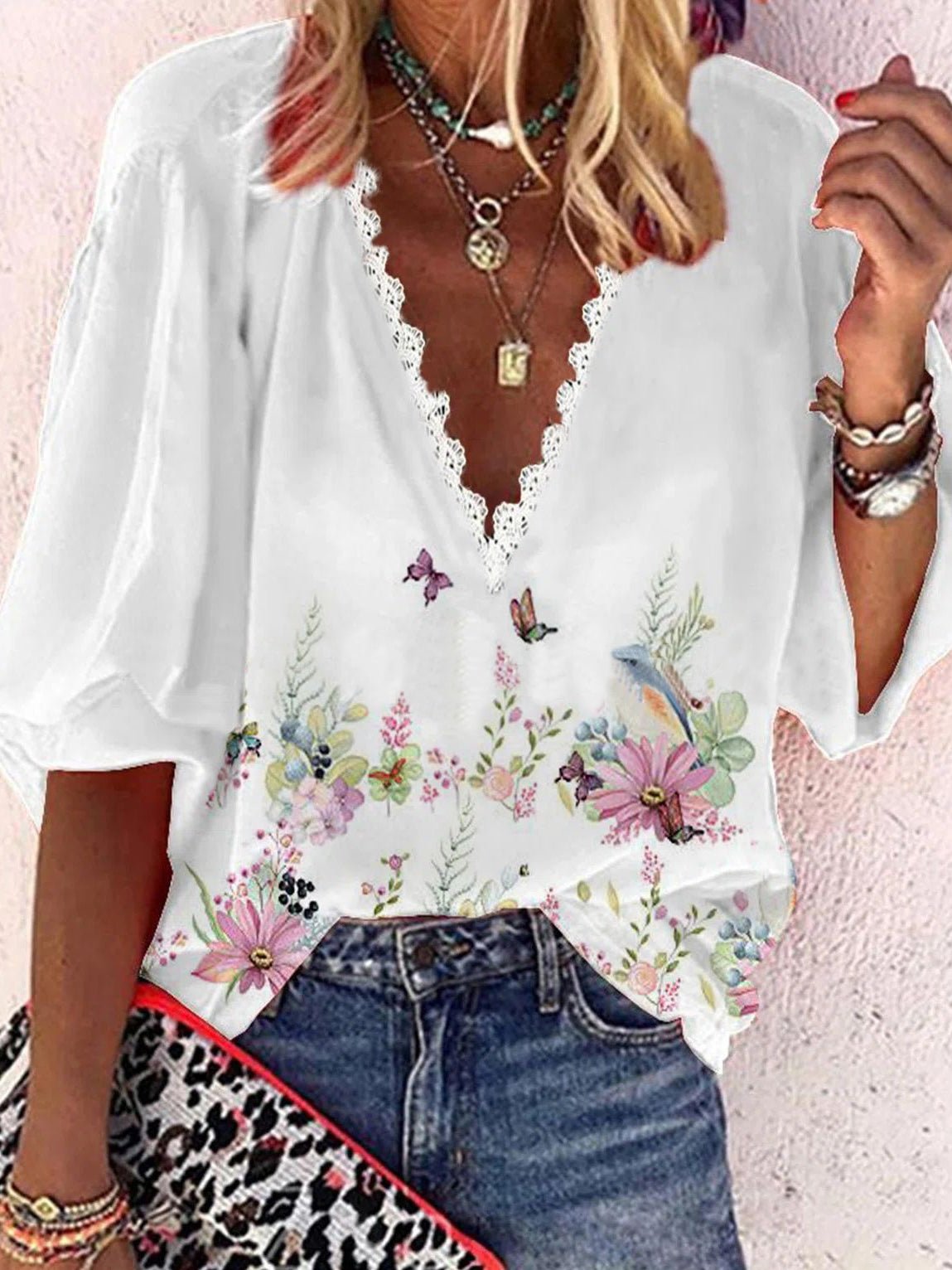 Women's Blouses Loose Print V-Neck Lace Mid Sleeve Blouse - LuckyFash™