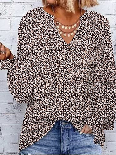 Women's Blouses Loose Print V-Neck Long Sleeve Blouse - LuckyFash™