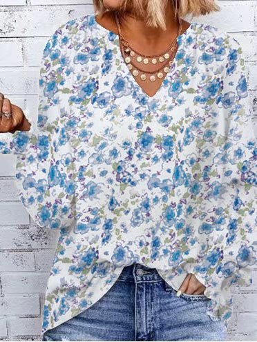 Women's Blouses Loose Print V-Neck Long Sleeve Blouse - LuckyFash™