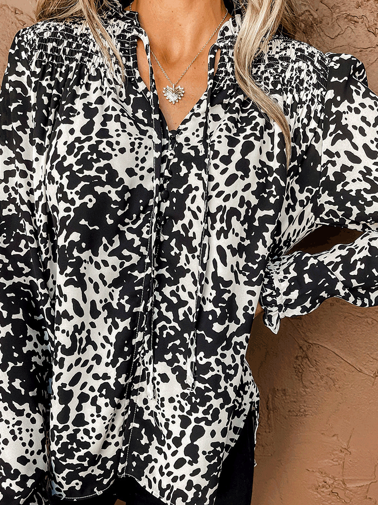 Women's Blouses Loose Print V-Neck Long Sleeve Blouse - LuckyFash™