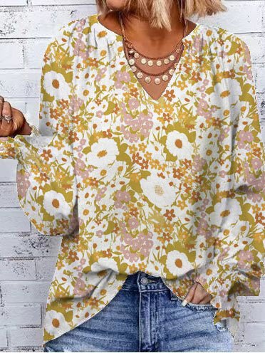 Women's Blouses Loose Print V-Neck Long Sleeve Blouse - LuckyFash™