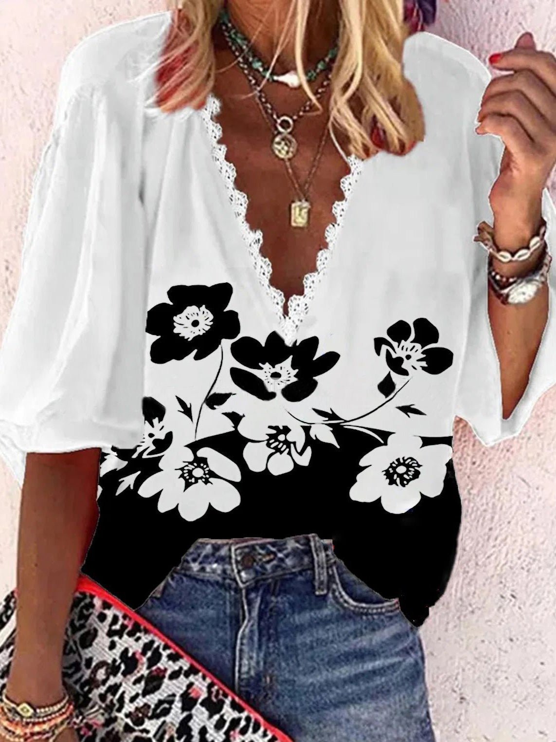 Women's Blouses Loose Printed Lace V-Neck Mid Sleeves Blouse - LuckyFash™