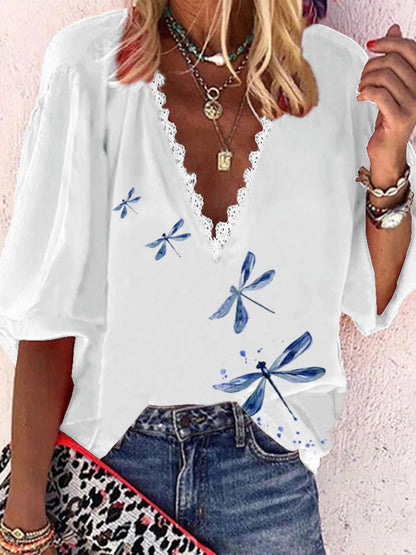 Women's Blouses Loose Printed Lace V-Neck Mid Sleeves Blouse - LuckyFash™