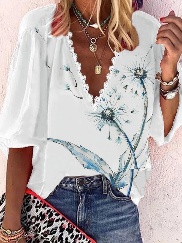 Women's Blouses Loose Printed Lace V-Neck Mid Sleeves Blouse - LuckyFash™