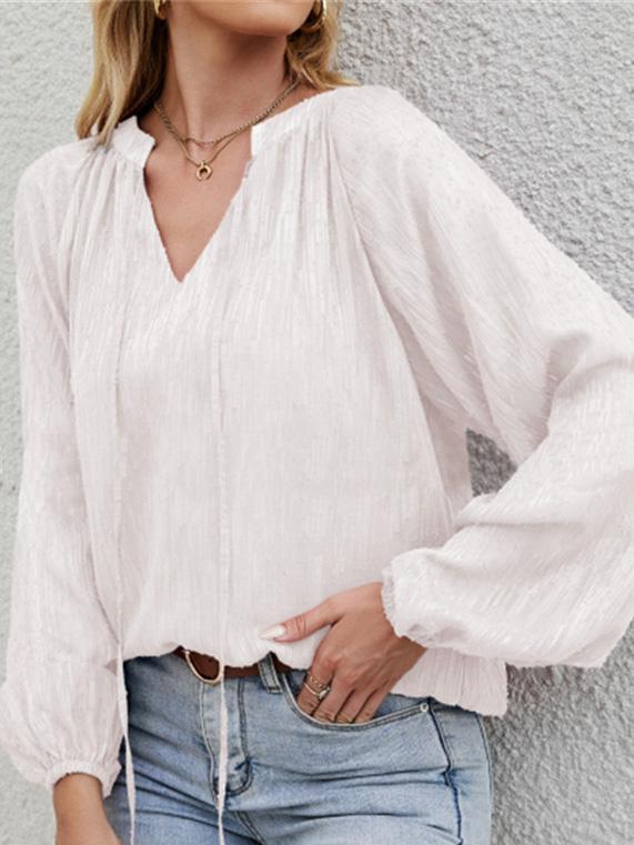 Women's Blouses Loose Solid V-Neck Long Sleeve Blouse - LuckyFash™