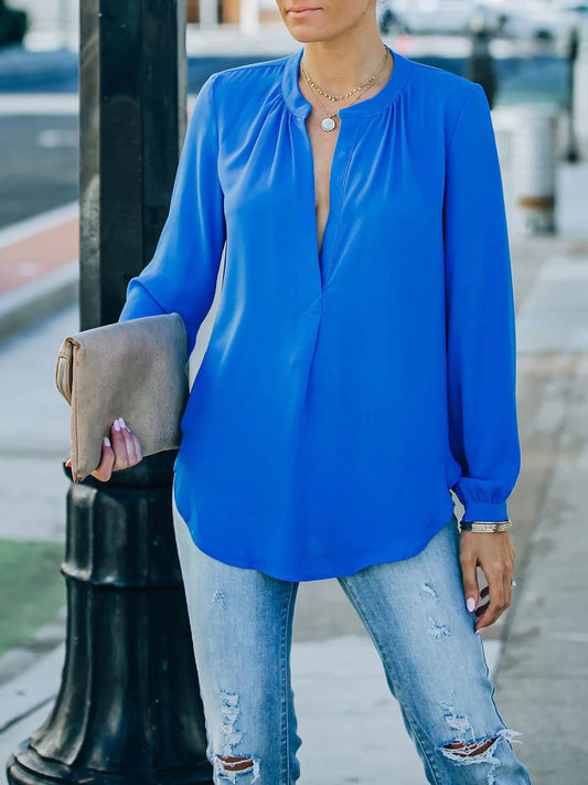 Women's Blouses Loose Solid V-Neck Long Sleeve Blouse - LuckyFash™