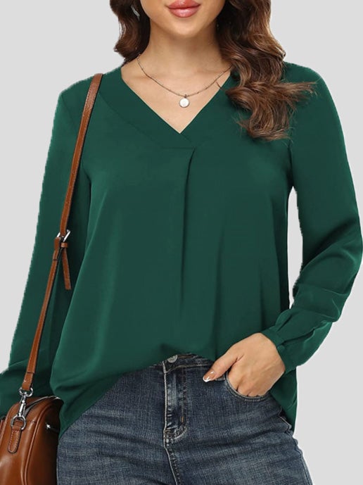 Women's Blouses Loose Solid V-Neck Long Sleeve Blouse - LuckyFash™