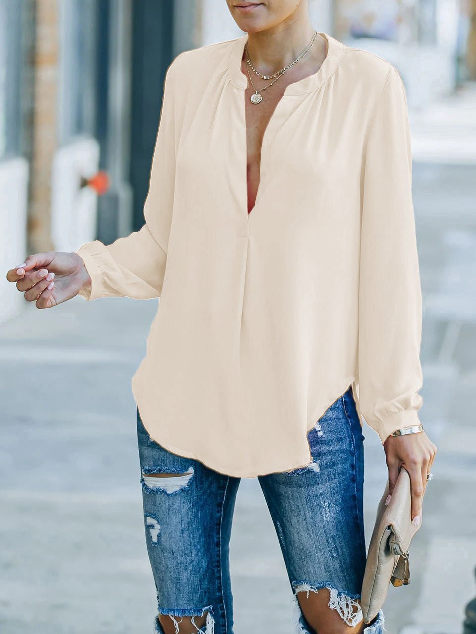 Women's Blouses Loose Solid V-Neck Long Sleeve Blouse - LuckyFash™