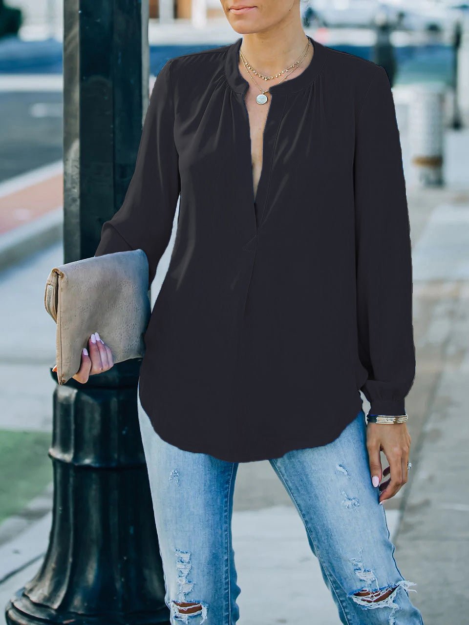 Women's Blouses Loose Solid V-Neck Long Sleeve Blouse - LuckyFash™