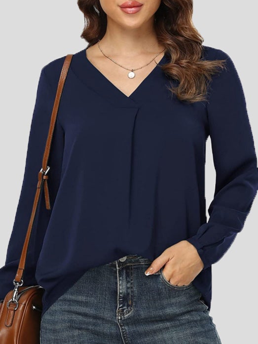 Women's Blouses Loose Solid V-Neck Long Sleeve Blouse - LuckyFash™