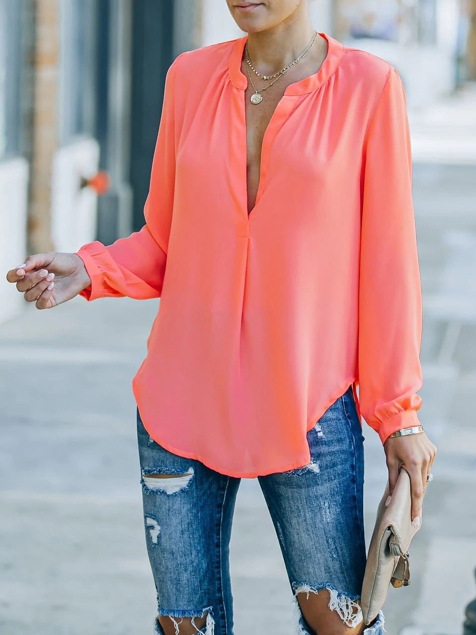 Women's Blouses Loose Solid V-Neck Long Sleeve Blouse - LuckyFash™