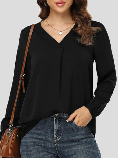 Women's Blouses Loose Solid V-Neck Long Sleeve Blouse - LuckyFash™