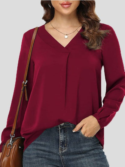 Women's Blouses Loose Solid V-Neck Long Sleeve Blouse - LuckyFash™