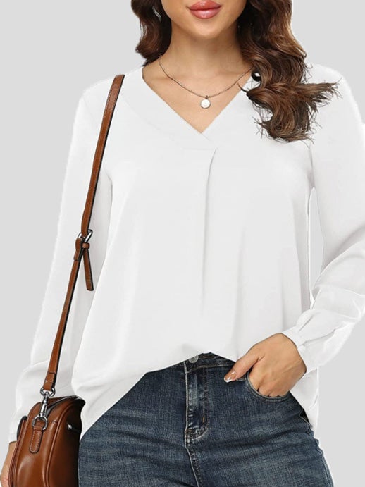 Women's Blouses Loose Solid V-Neck Long Sleeve Blouse - LuckyFash™