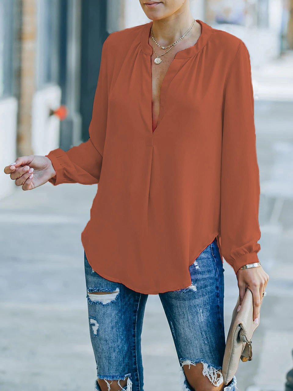 Women's Blouses Loose Solid V-Neck Long Sleeve Blouse - LuckyFash™