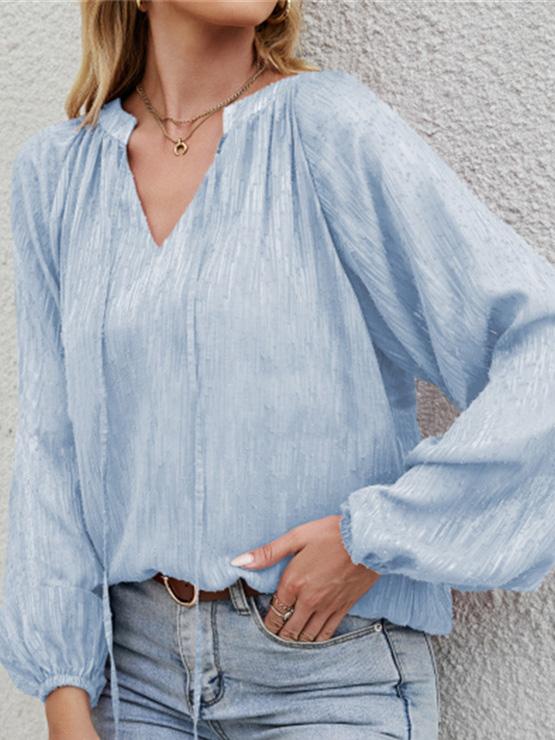 Women's Blouses Loose Solid V-Neck Long Sleeve Blouse - LuckyFash™