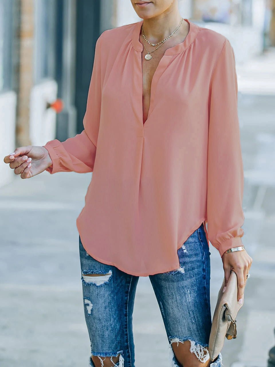 Women's Blouses Loose Solid V-Neck Long Sleeve Blouse - LuckyFash™