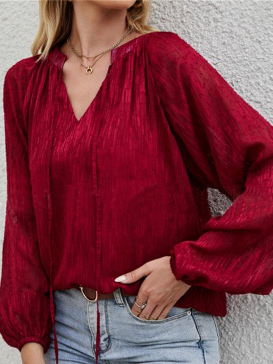 Women's Blouses Loose Solid V-Neck Long Sleeve Blouse - LuckyFash™