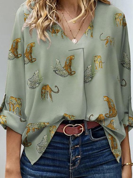 Women's Blouses Loose V-Neck Animal Print Long Sleeve Blouse - LuckyFash™