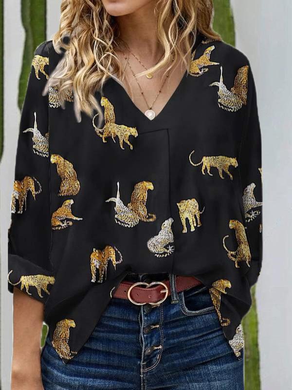 Women's Blouses Loose V-Neck Animal Print Long Sleeve Blouse - LuckyFash™