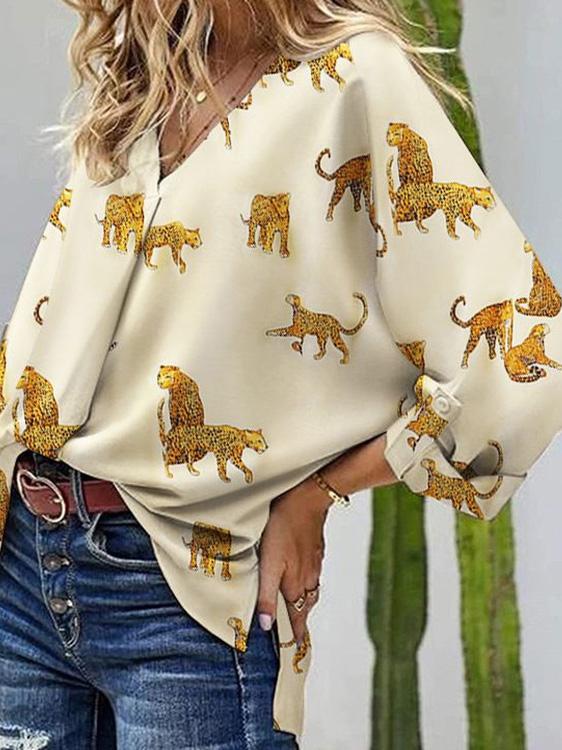 Women's Blouses Loose V-Neck Animal Print Long Sleeve Blouse - LuckyFash™